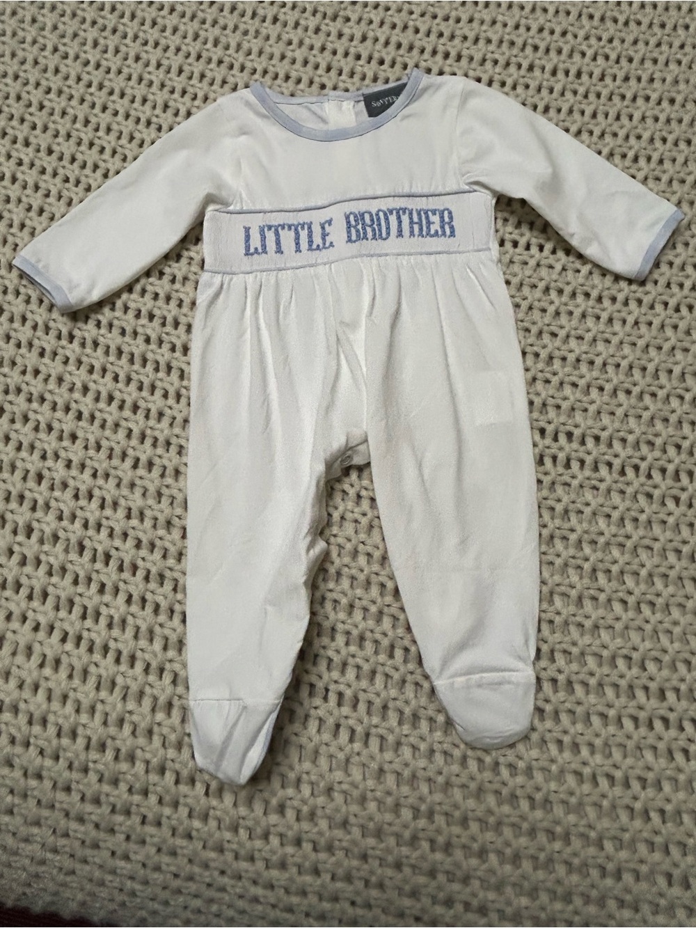 Boutique Smocked Little Brother White & Light Blue Baby One-Piece Size Newborn